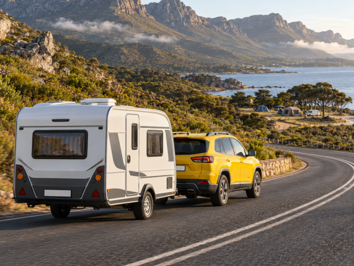 Yellow SUV towing a caravan on a scenic South African road