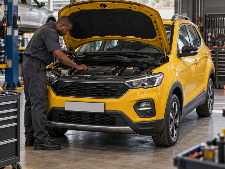 Mechanic inspecting a yellow crossover in a professional workshop