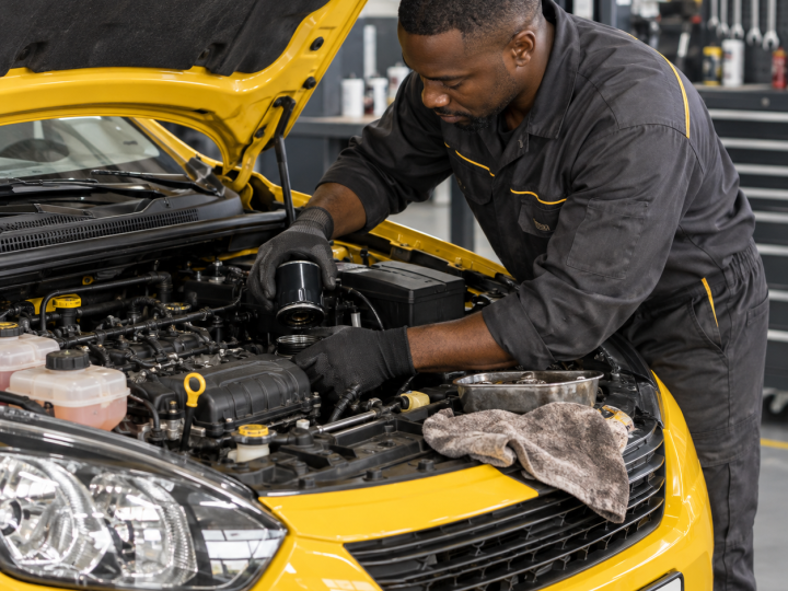 Mechanic carrying out routine maintenance on a yellow car