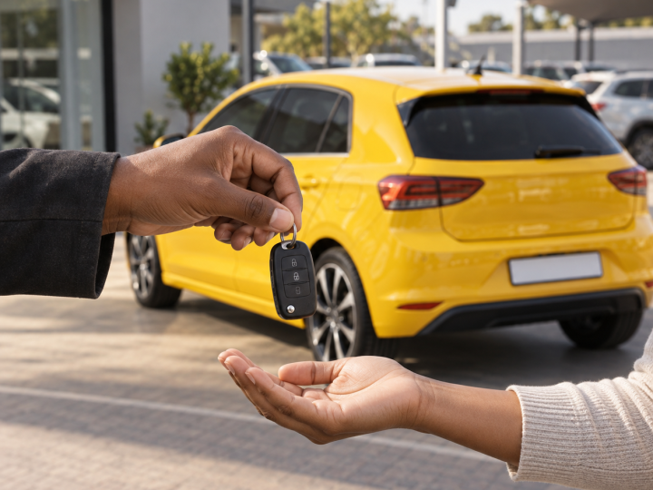 Customer receiving keys for a yellow pre-owned car