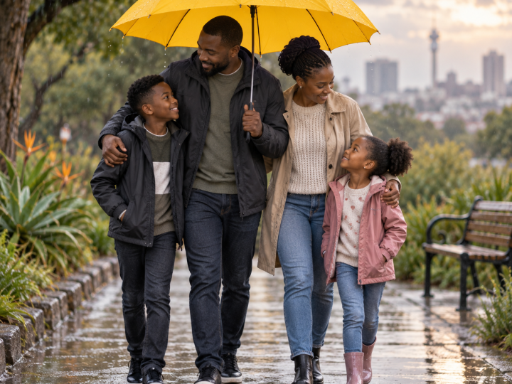 South African family walking together under a yellow umbrella