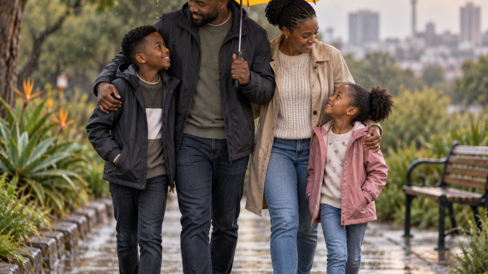 South African family walking together under a yellow umbrella