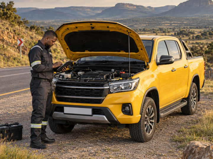 Technician diagnosing a yellow bakkie at a safe roadside pull-off