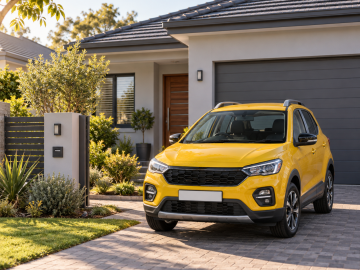 Yellow family car parked securely outside a modern South African home