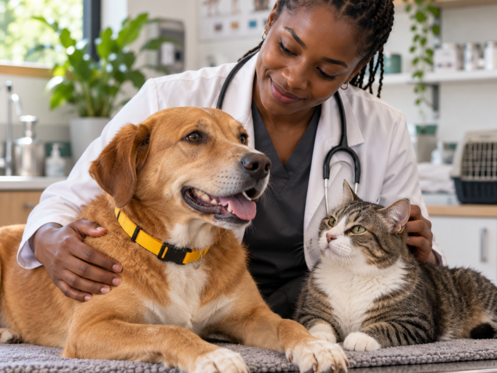 Veterinarian examining a healthy dog with a yellow collar and a cat