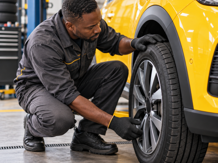Technician inspecting the wheel and tyre of a yellow car