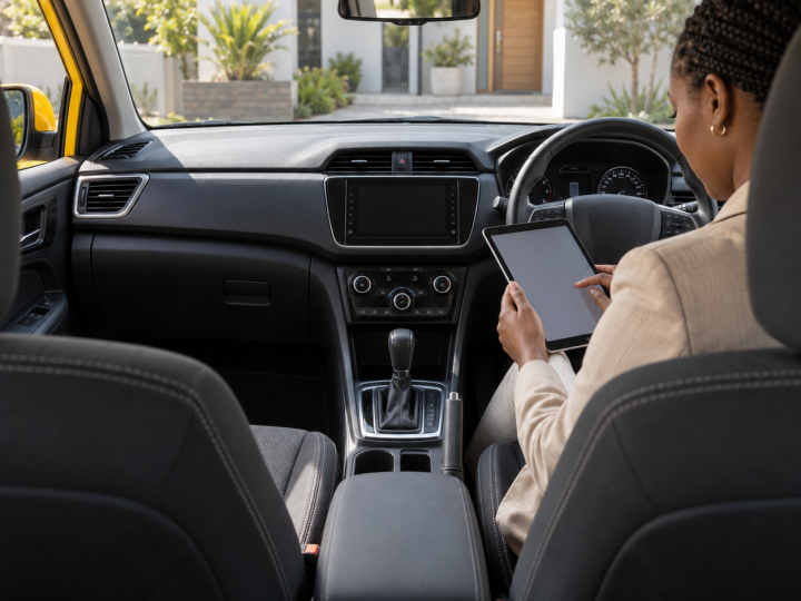 Professional reviewing finance options in a yellow right-hand-drive car
